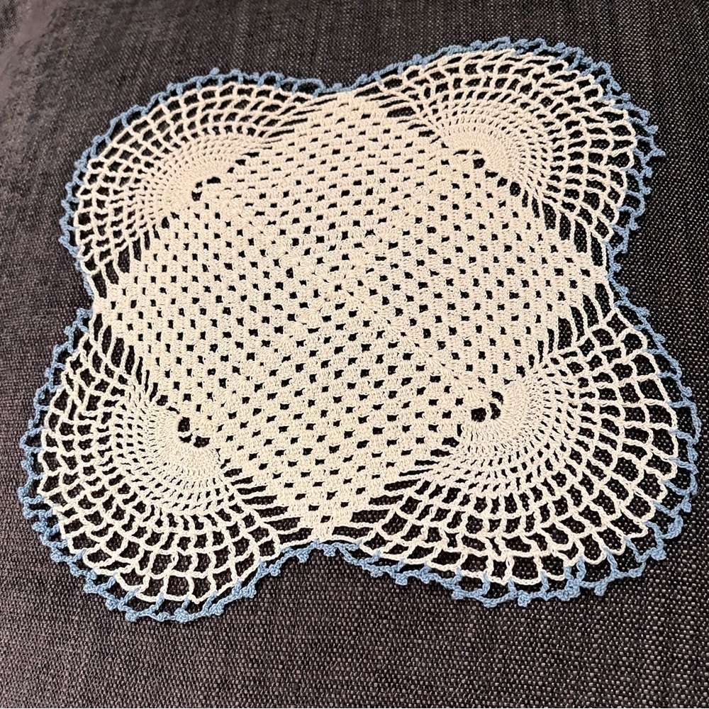 Elegant Cream and Blue Crochet Doily. Handmade. Vintage